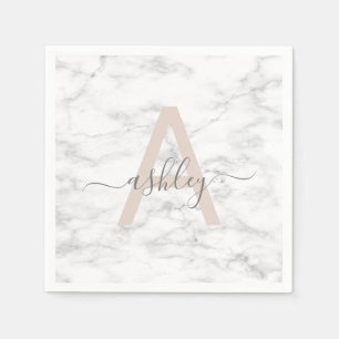 Chic Blush Pink White Marble Script Name Monogram Napkins