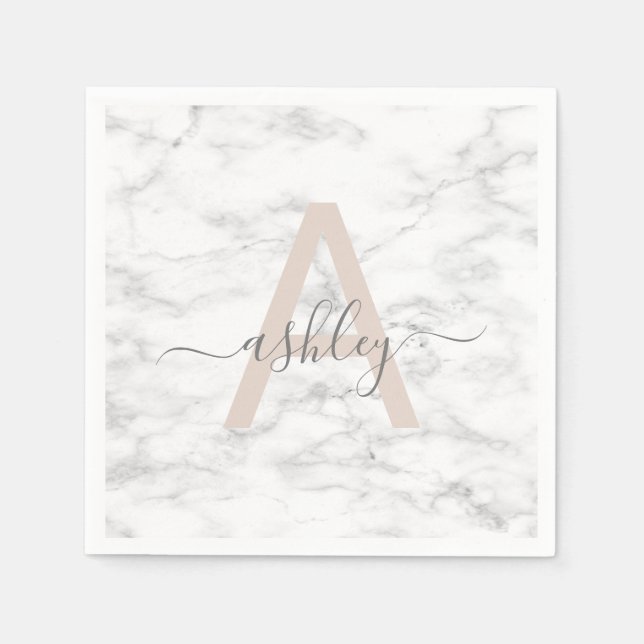 Chic Blush Pink White Marble Script Name Monogram Napkins (Front)
