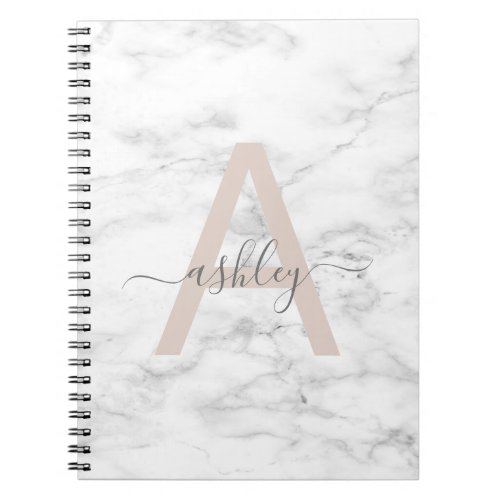 Chic Blush Pink White Marble Script Name Monogram Notebook