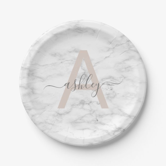 Chic Blush Pink White Marble Script Name Monogram Paper Plates (Front)