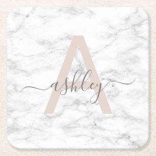 Chic Blush Pink White Marble Script Name Monogram Square Paper Coaster