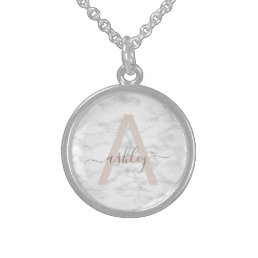 Chic Blush Pink White Marble Script Name Monogram Sterling Silver Necklace
