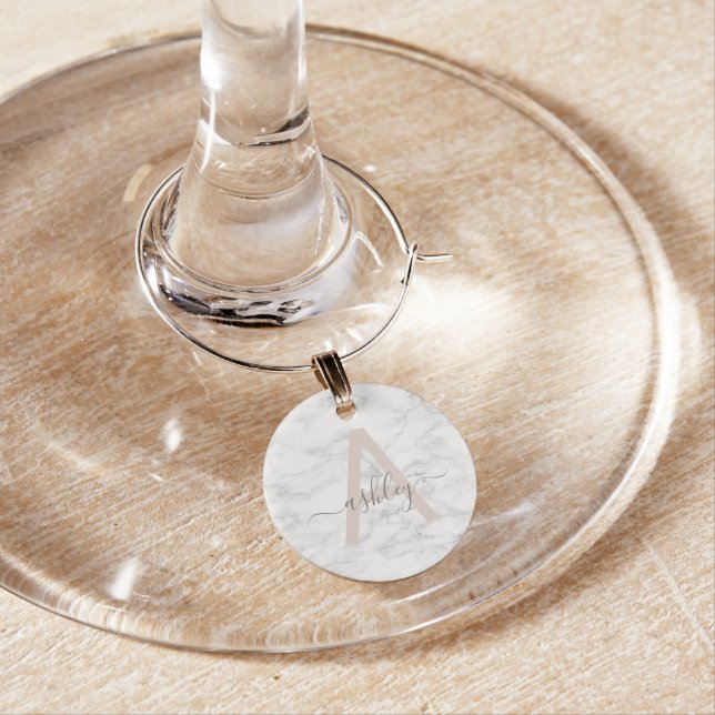 Chic Blush Pink White Marble Script Name Monogram Wine Charm (In Situ)