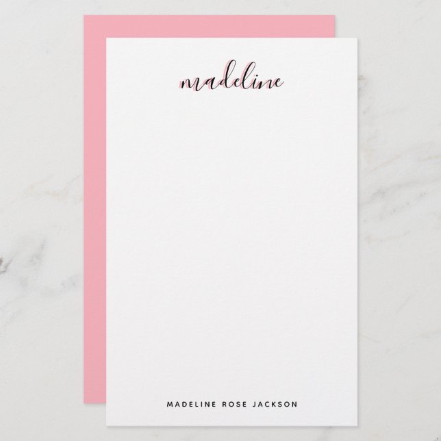 Chic Blush Pink with black Calligraphy name Stationery (Front/Back)