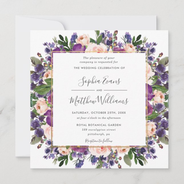 Chic Blush Plum Lavender Purple Floral Wedding Invitation (Front)