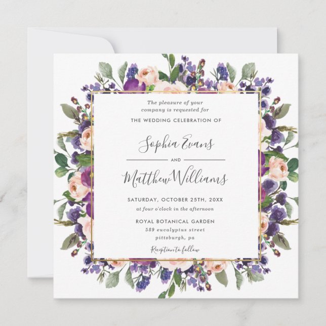 Chic Blush Plum Lilac Purple Floral Wedding Invitation (Front)