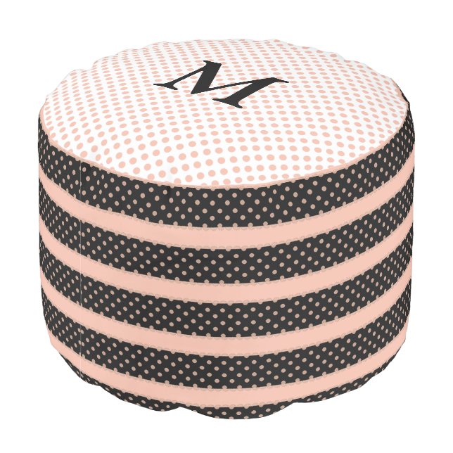 Chic Blush Polka Dots and Monogram Pouf (Angled Back)