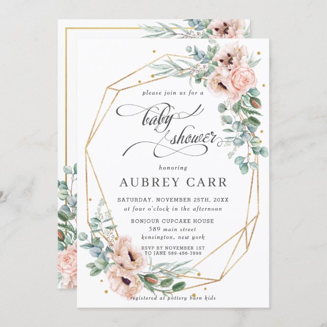Chic Blush Poppy Floral Baby Shower Geometric Gold Invitation (Front/Back)
