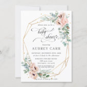 Chic Blush Poppy Floral Baby Shower Geometric Gold Invitation (Front)