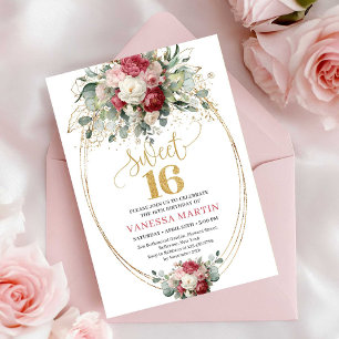 Chic Blush Red Greenery Sweet Sixteen Birthday   Invitation