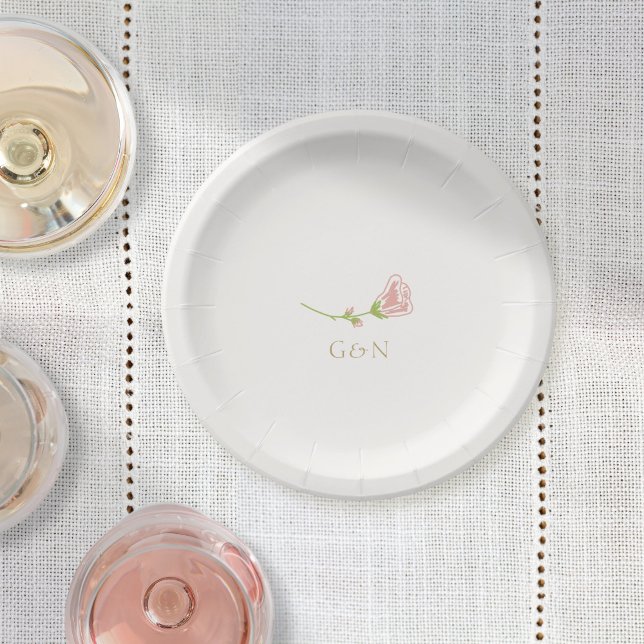 Chic Blush Rose Couple Initials Wedding Paper Plates (Creator Uploaded)