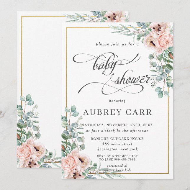 Chic Blush Rose Floral Baby Shower Geometric Gold Invitation (Front/Back)