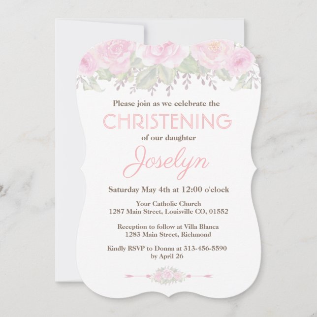 Chic Blush Rose Garden Floral Baptism Invite (Front)