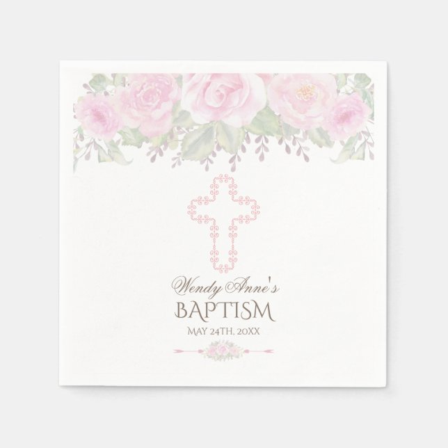 Chic Blush Rose Garden Floral Girl Christening Napkins (Front)
