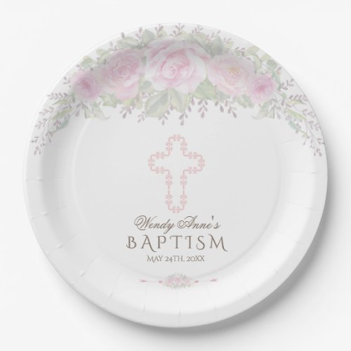 Chic Blush Rose Garden Floral Girl Christening Paper Plates