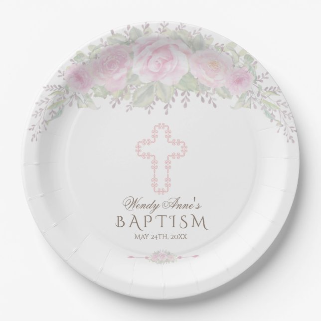 Chic Blush Rose Garden Floral Girl Christening Paper Plates (Front)