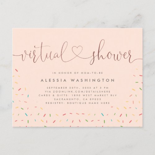 Chic Blush  Rose Gold Calligraphy Virtual Shower Invitation Postcard