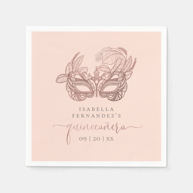 Chic Blush & Rose Gold Foil Masquerade Quinceañera Napkins (Front)