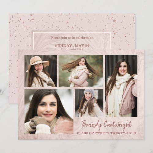 Chic Blush Rose Gold Marble Graduate 5-Photo Card