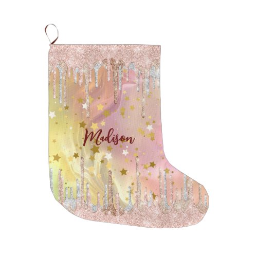 Chic blush rose unicorn dripping glitter large christmas stocking