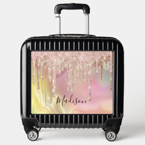Chic blush rose unicorn dripping glitter monogram luggage