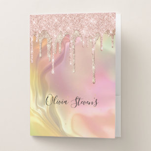Chic blush rose unicorn dripping glitter monogram pocket folder