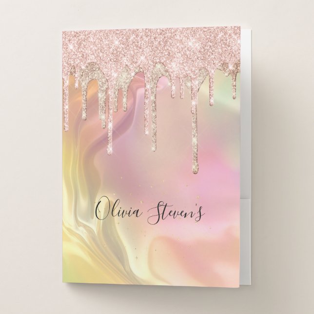 Chic blush rose unicorn dripping glitter monogram pocket folder (Front)