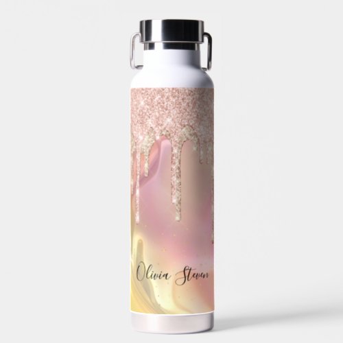 Chic blush rose unicorn dripping glitter monogram water bottle