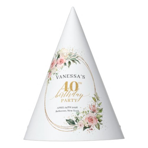 Chic Blush roses eucalyptus gold 40th birthday Party Hat