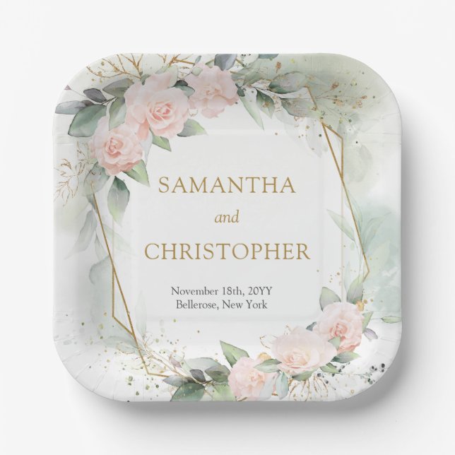 Chic blush roses gold frame eucalyptus wedding paper plates (Front)