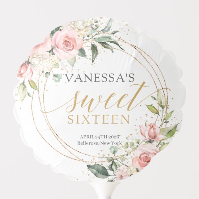 Chic blush roses gold glitter sage 16th birthday balloon (Front)