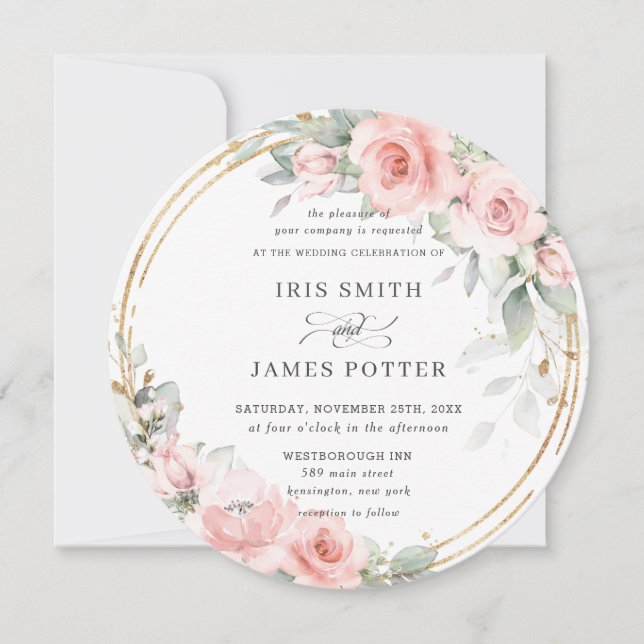 Chic Blush Soft Pink Floral Gold Greenery Wedding Invitation (Front)