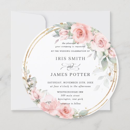Chic Blush Soft Pink Floral Gold Greenery Wedding Invitation