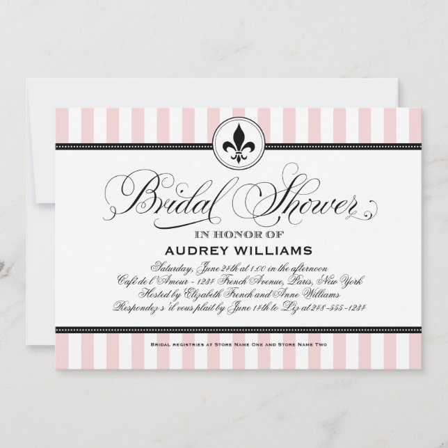 Chic Blush Stripe Fleur de Lis Wedding Shower Invitation (Front)