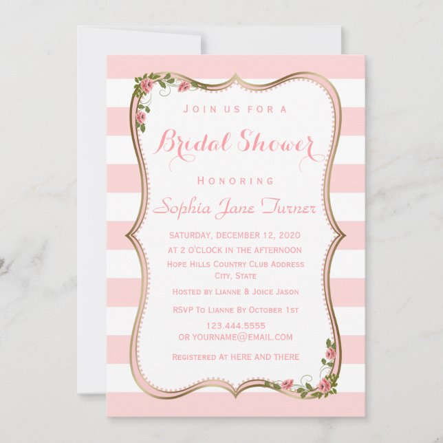 Chic Blush Stripes Gold Floral Bridal Shower Invitation (Front)