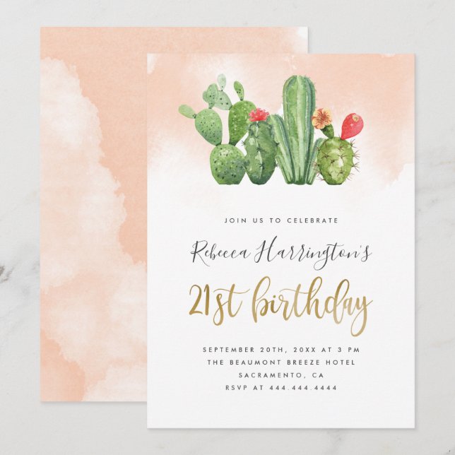 Chic Blush Watercolor & Cactus 21st Birthday Invitation (Front/Back)