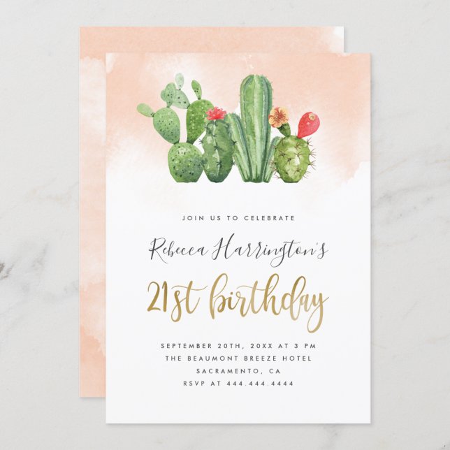 Chic Blush Watercolor & Cactus 21st Birthday Invitation (Front/Back)
