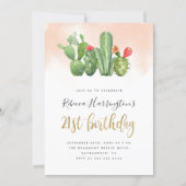 Chic Blush Watercolor & Cactus 21st Birthday Invitation (Front)