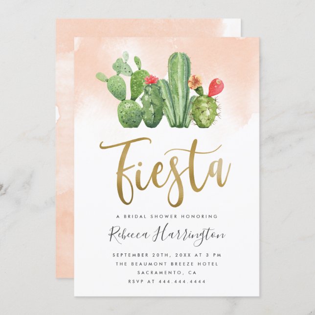 Chic Blush Watercolor Cactus Fiesta Bridal Shower Invitation (Front/Back)