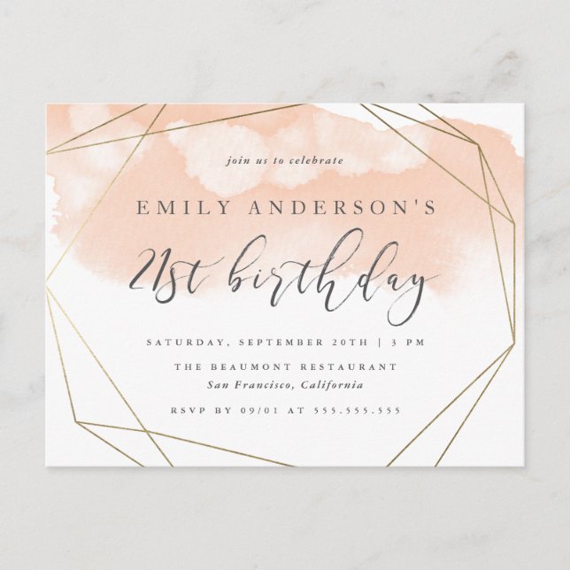 Chic Blush Watercolor Geometric 21st Birthday Invitation Postcard (Front)
