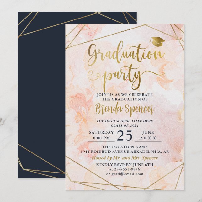 Chic Blush Watercolor Gold Geometric Graduation Invitation (Front/Back)