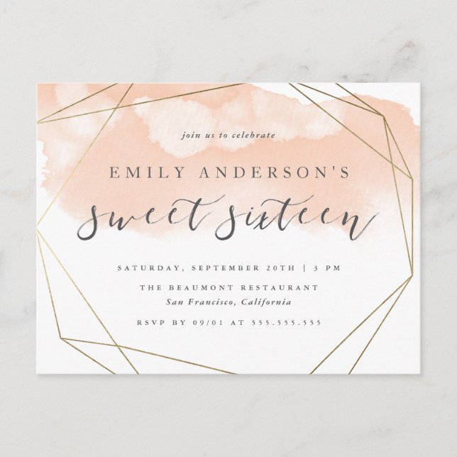 Chic Blush Watercolor Gold Geometric Sweet 16 Invitation Postcard (Front)