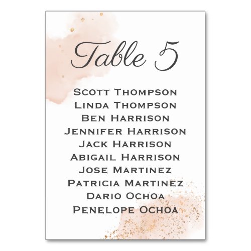 Chic Blush Watercolor Gold Splatters Seating Chart Table Number