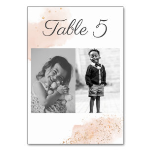Chic Blush Watercolor Gold Splatters Wedding Photo Table Number