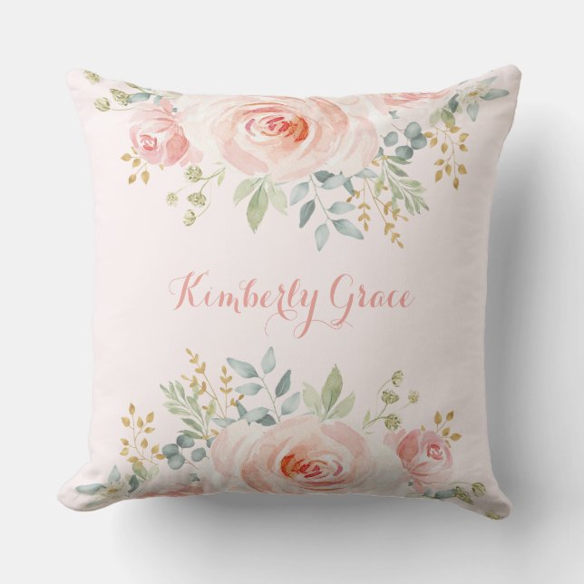 Chic Blush Watercolor Rose Boho Baby Girl Nursery Throw Pillow (Front)