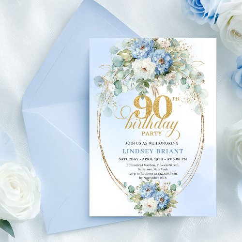 Chic Bohemian Blue Flowers 90th Birthday Invite