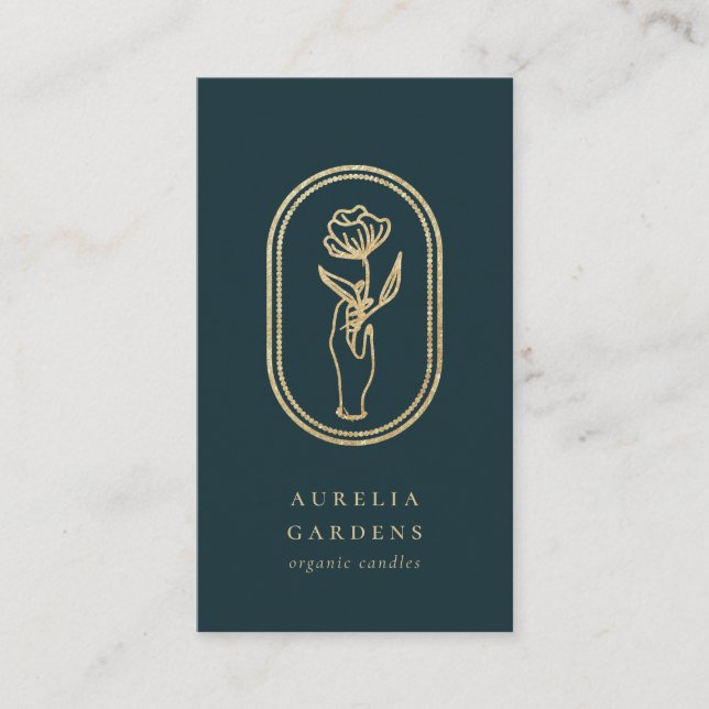 Chic Bohemian Golden Floral Logo Business Card (Front)