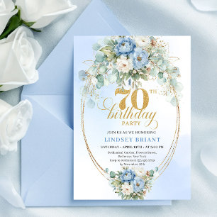 Chic Bohemian Pastel Blue Peonies 70th Birthday Invitation
