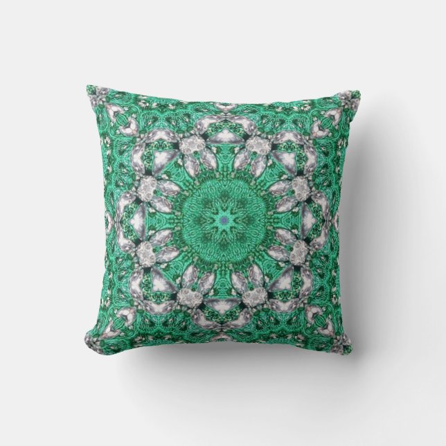 chic bohemian pattern emerald green mandala throw pillow (Front)
