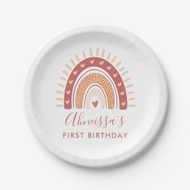 Chic Bohemian Terracotta Rainbow Birthday Party Paper Plates (Front)